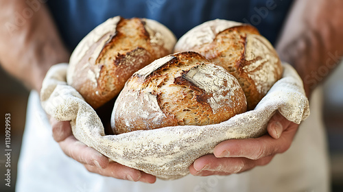 Artisan Bread Baker Holding Freshly Baked Loaves: A baker's hands gently cradle a basket of freshly baked sourdough bread, highlighting the artisan craft and the warm.