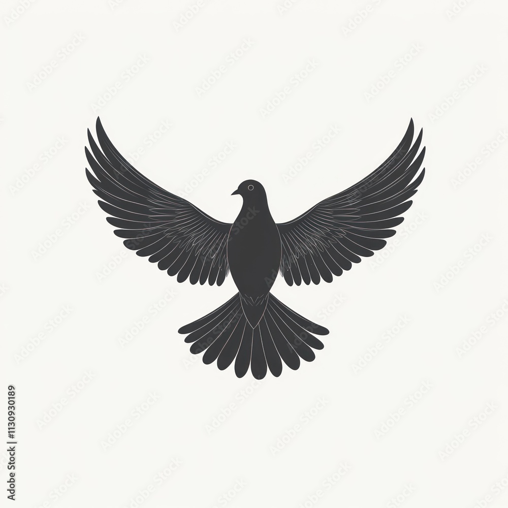 Obraz premium Black silhouette of a dove in flight with wings spread wide.