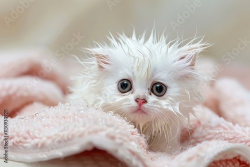 Humorous wet kitten from Persia in white coat