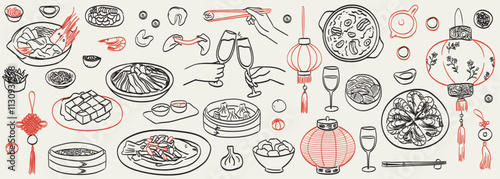 Chinese lunar new year eve dinner served table. Happy reunion. Good luck wishes and seafood and meat with vegetable dishes in ink doodle style for icons or cafe or restaurant menu and greetings.