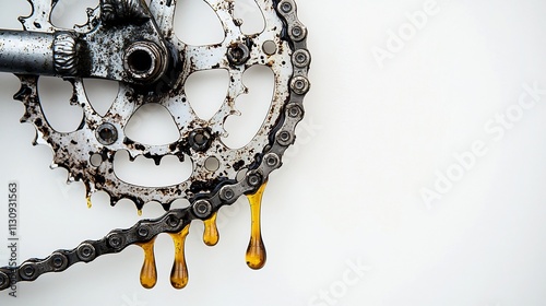 Smooth Oil Lubrication Dripping on Bicycle Chain Against Clean White Background
