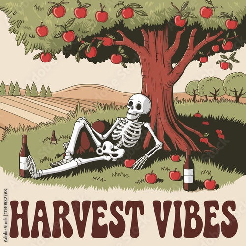 Harvest vibes logo with skeleton apple tree and bottles