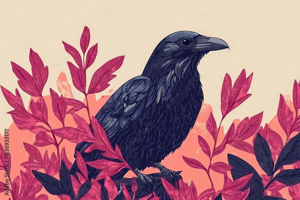 Fototapeta premium Illustration of a raven with red leaves