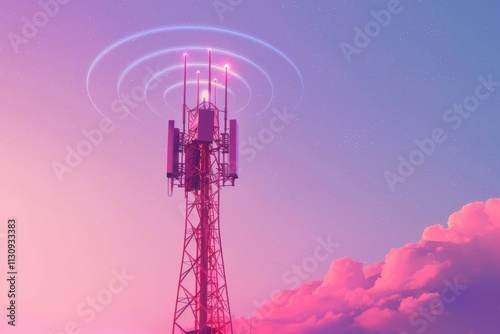 Illustration of antenna tower as base station for wireless communication with sky background and copy space