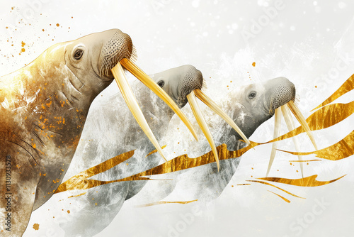 Abstract walrus illustration, icy white background, artistic design featuring walruses and golden accents.