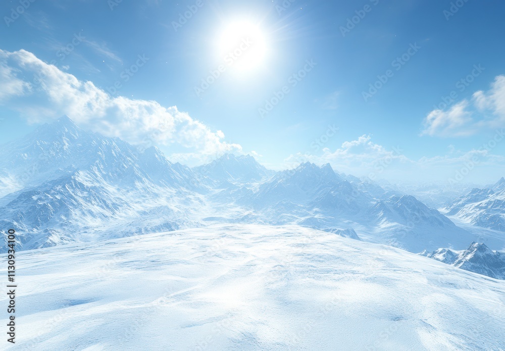 Fototapeta premium Snow-Covered Mountains Under Bright Sunlight in Clear Blue Sky