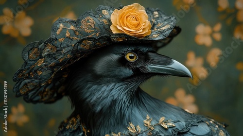 A raven wearing an elegant black lace hat adorned with a yellow rose, set against a blurred floral backdrop. photo