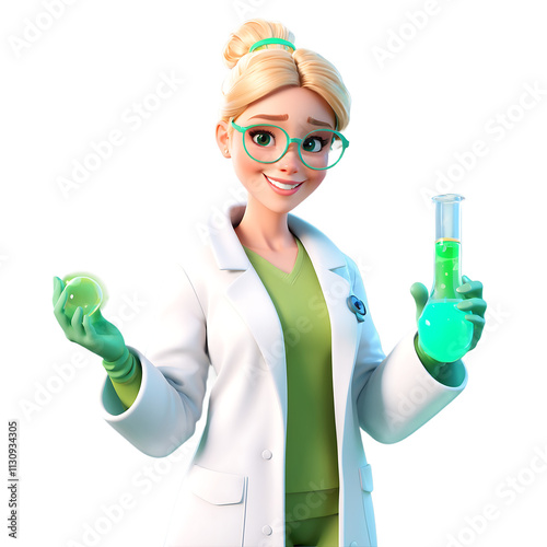 Smiling Female Scientist in Lab Coat Holding Beaker and Orb. Transparent Background.