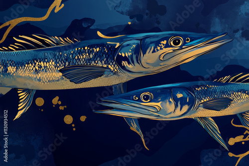 Abstract barracuda illustration, cobalt blue background, artistic design featuring barracudas and golden accents.