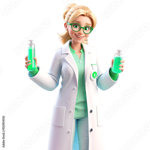 Smiling Female Scientist Holding Green Liquid Vials in a Lab Coat, 3D Render. Transparent Background.