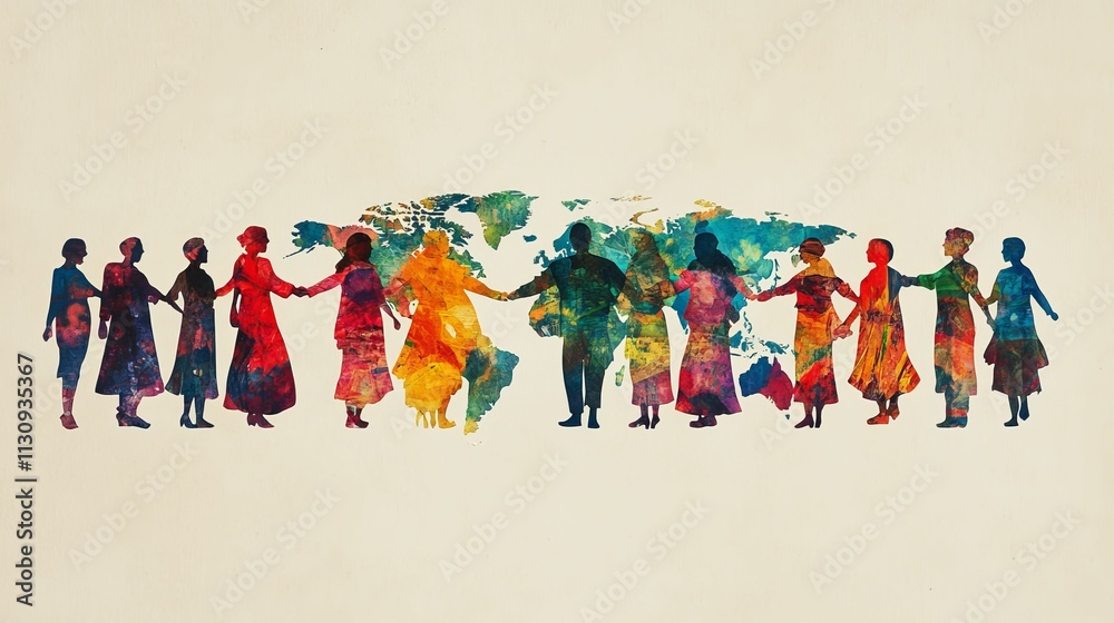 Naklejka premium Colorful figures holding hands, global unity.
