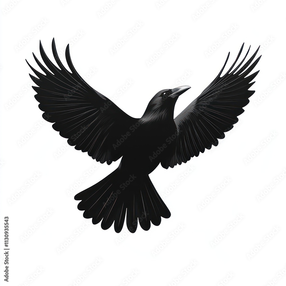Fototapeta premium Black crow in flight against a white background.