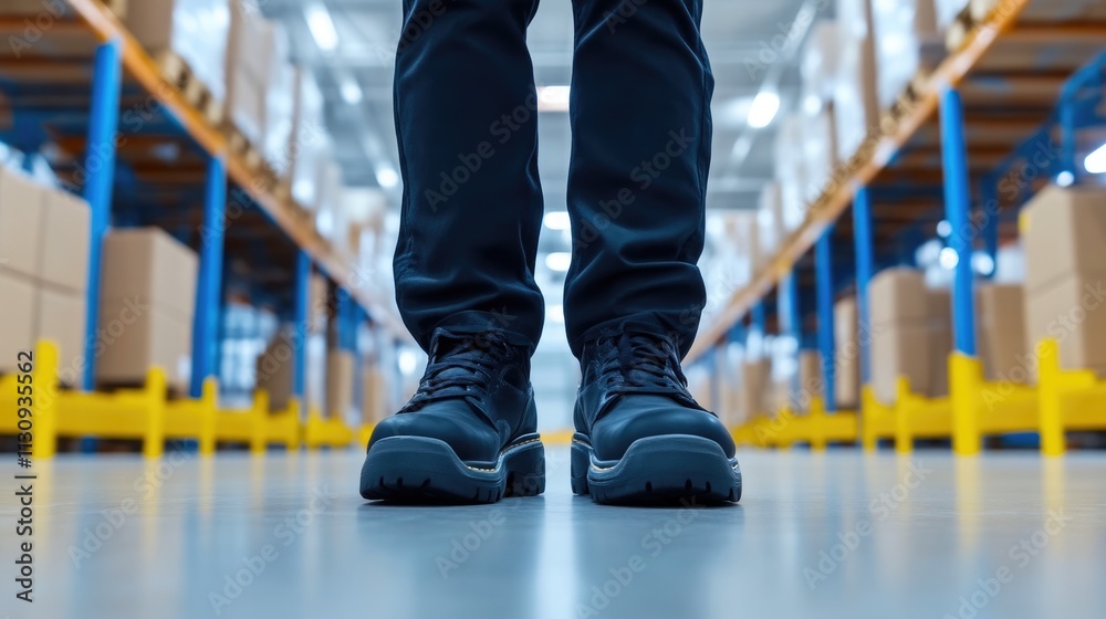 Obraz premium Worker's boots in industrial warehouse setting