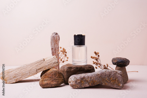 Perfume bottle mockup with cream background, mockup for your perfume product brand