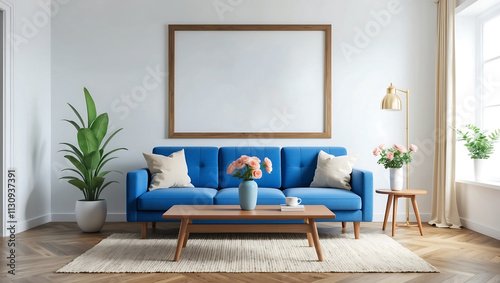 Mock up canvas photo frame in living room with blue sofas and coffee table image. Living room wall poster mockup. 