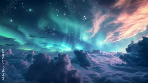 Vibrant northern lights illuminating a sky above fluffy, dynamic cloud formations, blending shades of green, blue, and pink, creating a mesmerizing and dreamlike atmosphere.