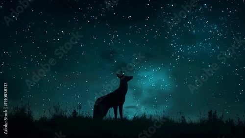 Silhouette of a majestic deer standing on a hill under a star-filled night sky, surrounded by tall grass, creating a tranquil and mystical atmosphere.