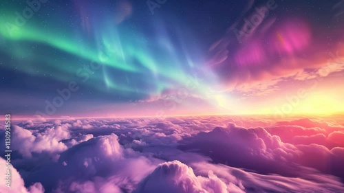 Stunning aurora borealis stretching across a twilight sky with warm hues of sunset blending into soft, billowy clouds, creating a serene and vibrant atmosphere.