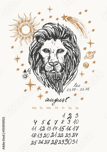 August month calendar with hand drawn leo zodiac signs illustration, planets, sun, moon, stars.