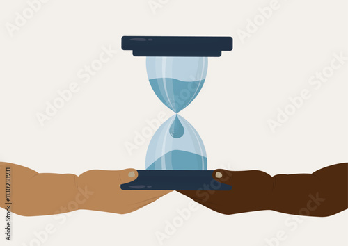 Diverse Hands Supporting Water Hourglass Time Concept for saving water. different hands collaboratively holding hourglass filled with water, symbolizing unity and shared environmental responsibility. 