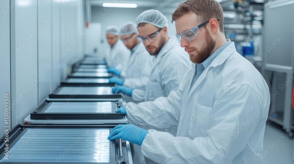Fototapeta premium A group of technicians in a clean energy lab replacing industrialsized batteries