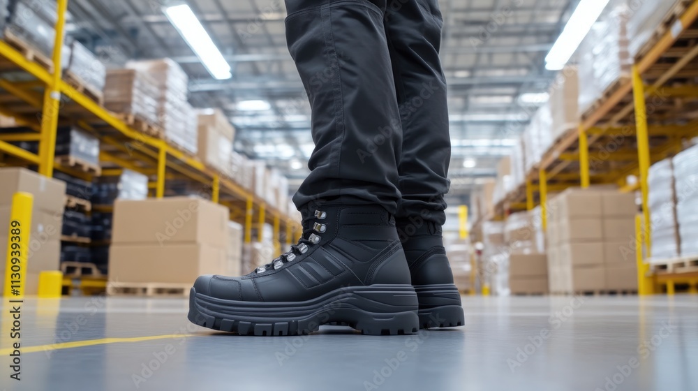 Obraz premium Industrial worker’s boots on factory floor
