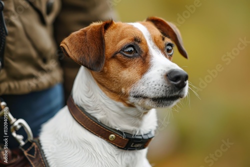 Jack Russell dog and owner with leather leash prepared for a walk