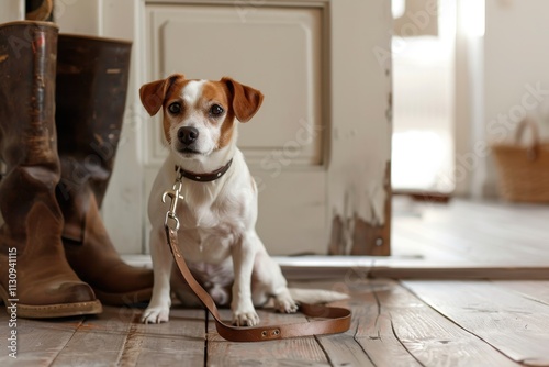 Jack Russell dog ready to go for a walk with owner waiting at the door with leash
