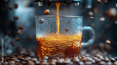 Espresso pouring into a glass surrounded by coffee beans photo