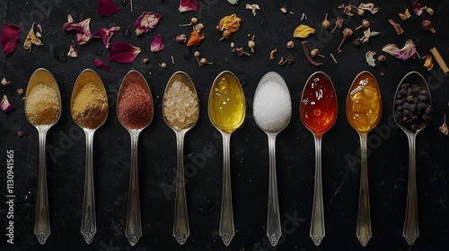 Spoons with various natural sweeteners and spices symbolize diversity in sugar substitutes. photo