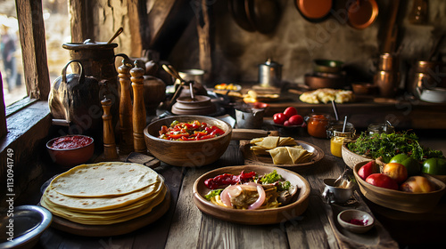 An Authentic Depiction of Meskhetian Turkish Cuisine in a Rustic Kitchen Setting Highlighting Family Gatherings photo