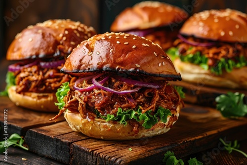 Jackfruit burgers on dark wood backdrop Plant based pulled pork alternative photo