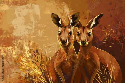 Abstract kangaroo illustration, burnt sienna background, artistic design featuring kangaroos and golden accents.