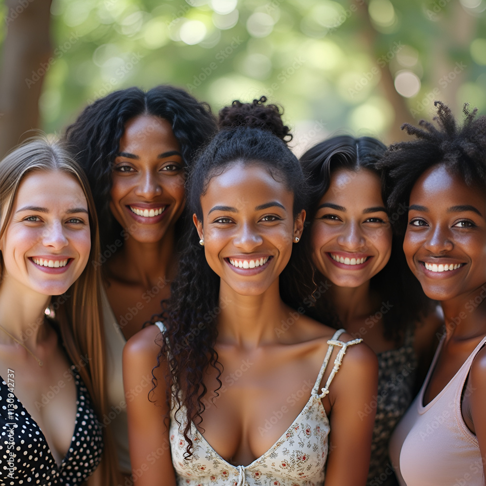 Fototapeta premium Diverse group different nationalities of joyful young women friends smiling together outdoors