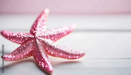 Pink glitter starfish on white wood.