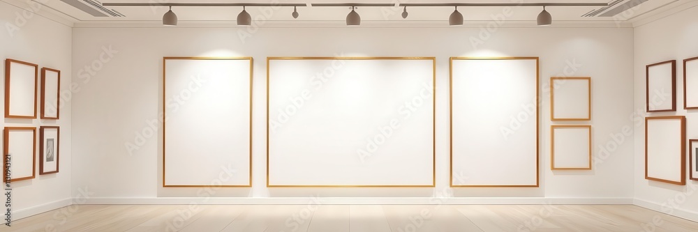 Obraz premium A collection of four hanging gallery frames mockups in various sizes and orientations on a white wall background, showcase, design, concept