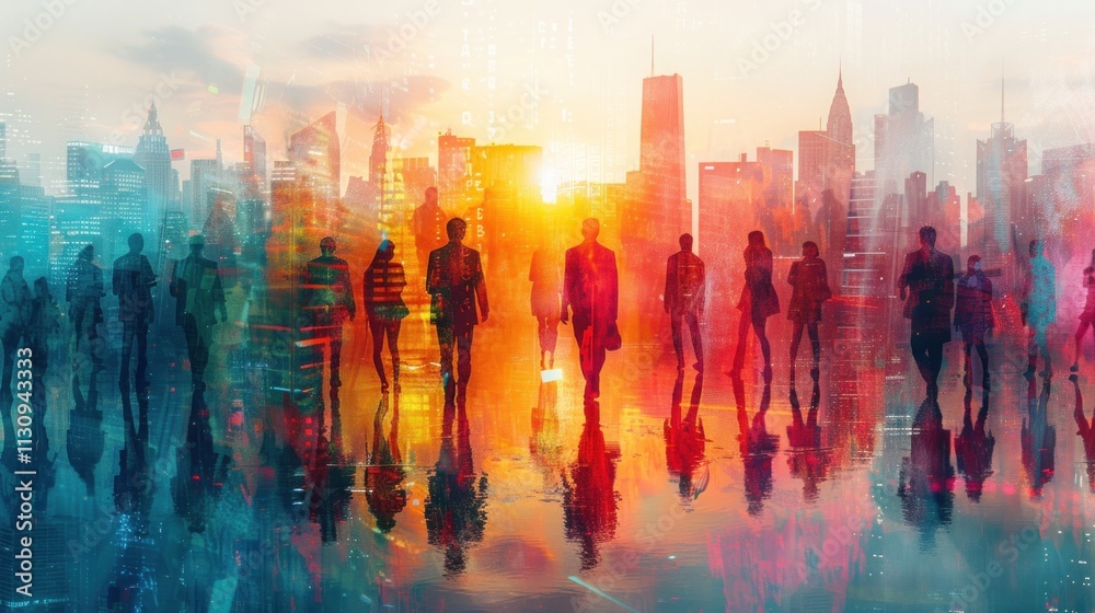 Fototapeta premium Double-exposure watercolor image of business people interacting against a cityscape backdrop.