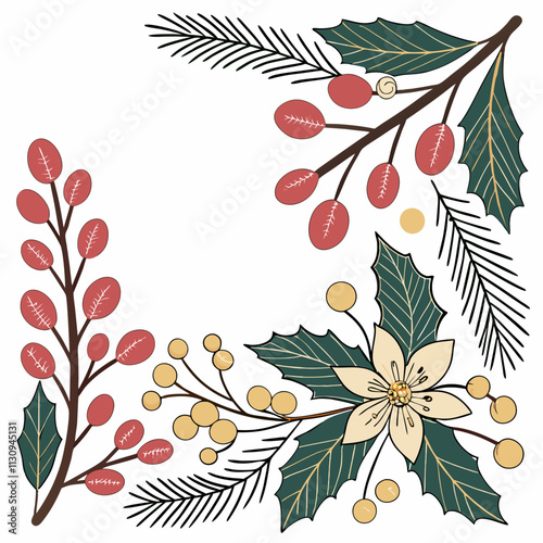  A beautifully decorated Christmas frame vector artwork featuring festive elements, perfect for holiday-themed projects, cards, invitations, and decorations.