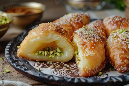 Lebanese Eid sweets Qatayef with Ashta pistachio and cheese photo