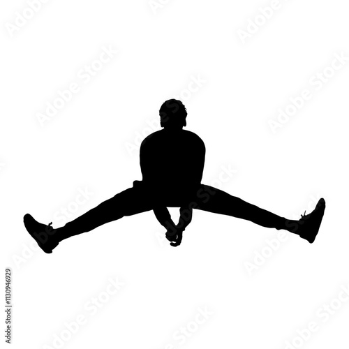 Silhouette of a person performing a split jump, arms held forward, against a transparent background.