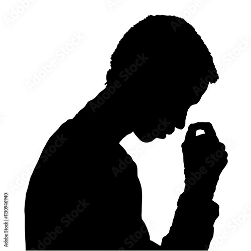 Silhouette of a man in thought, head bowed and hand to face, conveying contemplation and introspection.