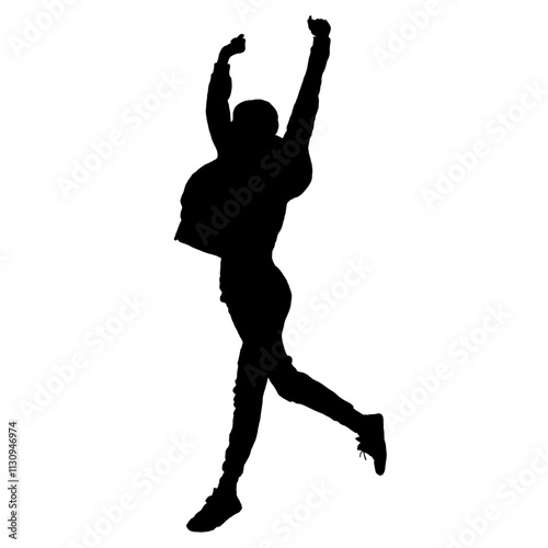 Silhouette of a person in mid-jump with arms raised, expressing joy and celebration against a transparent background.