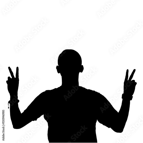 Silhouette of a person holding up two peace signs, expressing tranquility and positivity on a transparent background.