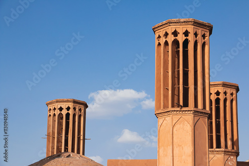Ancient city, Historic city of Yazd with famous wind towers, Blue sky, Persian Architecture, Iran, Wind towers
