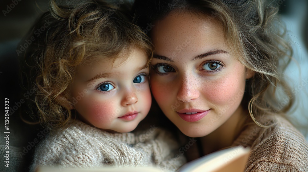 Obraz premium A young mother bonds with her toddler while reading a book