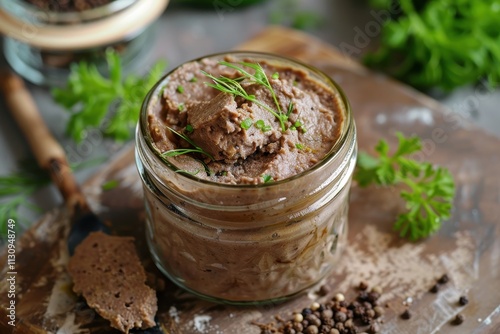 Liver pate in a jar served at a restaurant for dieting photo