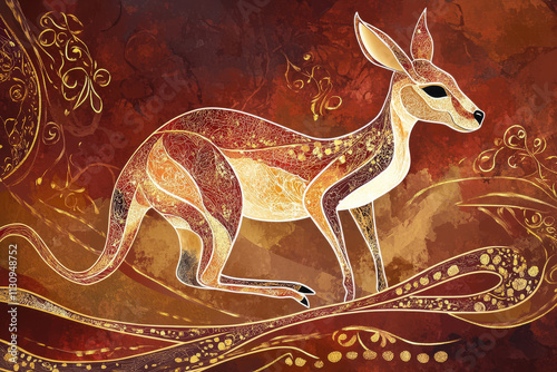 Abstract kangaroo illustration, burnt sienna background, artistic design featuring kangaroos and golden accents. photo