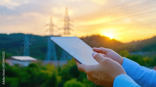 Technician Evaluating Power Lines with Tablet During Sunset