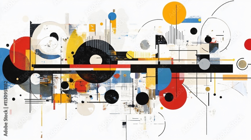 Obraz premium Abstract Geometric Composition: A Colorful and Dynamic Display of Shapes, Lines, and Textures in Modern Art
