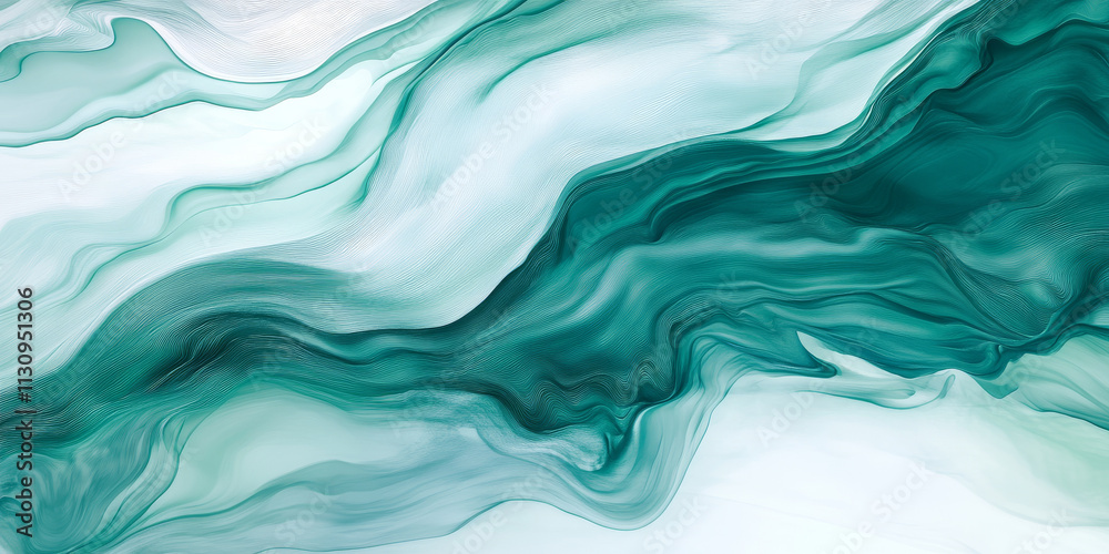 Obraz premium Gentle teal and emerald green abstract backdrop with soft flowing curves and gradients, evoking a refreshing and tranquil atmosphere. Textures create a shimmering effect like morning dew under